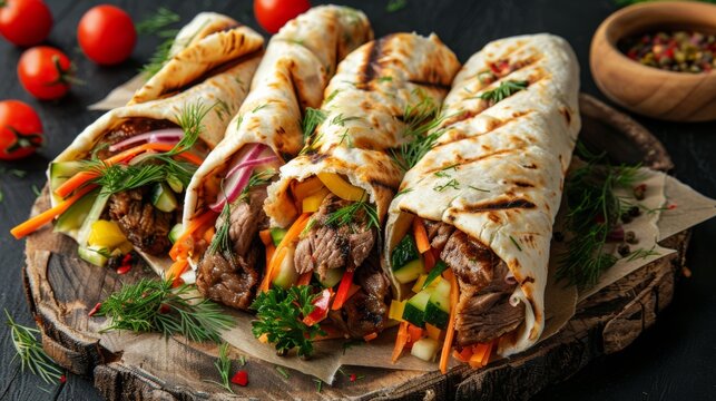 Delicious Greek gyros wrapped in pita bread. Shawarma, grilled pita on dark background. With fresh meat and vegetables. 