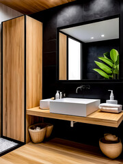 Fototapeta na wymiar A bathroom with a white sink and a black mirror
