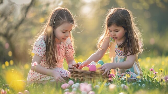 Two girls on a flower meadow looking for colorful easter eggs. Generative AI