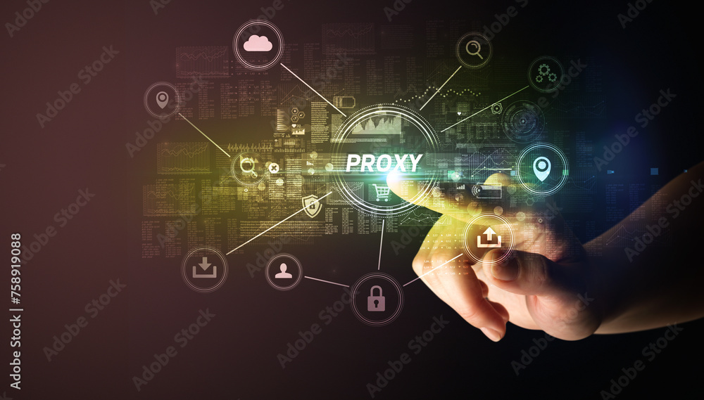 Poster hand touching cybersecurity button