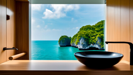 A black bowl sits on a wooden countertop with a view of the ocean