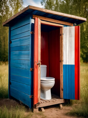 Toilet sitting inside of blue and red wooden toilet stall in field.