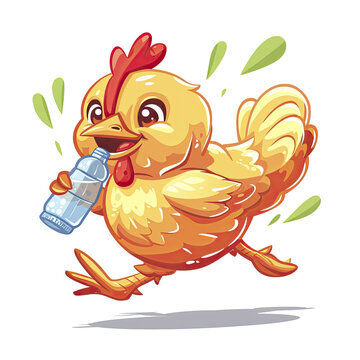 Chicken Running With Drinking Water Bottle, Isolated Transparent Background Images