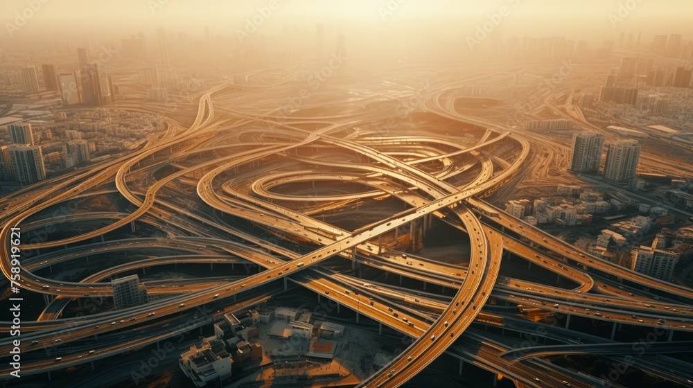 Poster Generative AI Aerial footage capturing a network of highways and roads interconnecting a busy industrial cityscape.