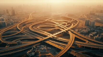 Generative AI Aerial footage capturing a network of highways and roads interconnecting a busy...