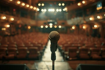 Close-Up of a Microphone on Stage Overlooking an Empty Theater Auditorium