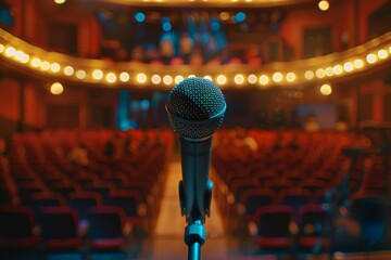 Close-Up of a Microphone on Stage Overlooking an Empty Theater Auditorium