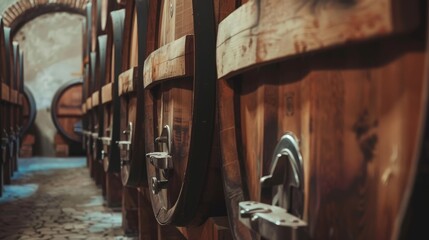 Fototapeta na wymiar Wooden barrels with wine in cellar in medieval style, Row of wine barrels