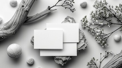 Mockup of a business card on a white background with stones and plants