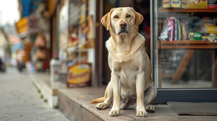 Photo of a Labrador Retriever dog sitting outside the store waiting for the owner
