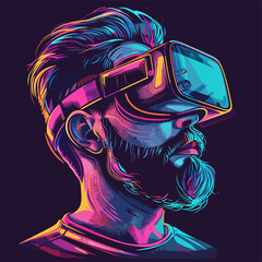 Fototapeta na wymiar Vector illustration of a man wearing virtual reality glasses. Isolated on dark background.
