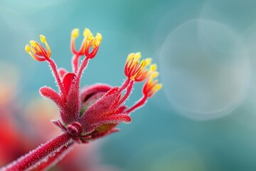 A detailed close-up view of a Kangaroo Paw flower, showcasing its intricate details with a blurred background. The vibrant colors and unique structure of the flower are prominently displayed in this i