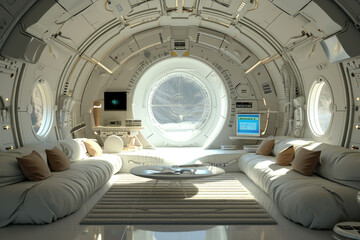 Futuristic living room with circular window in a spaceship interior, modern design concept for futuristic living spaces