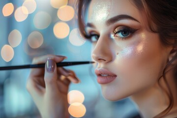 Gorgeous Makeup Application. Close-Up of Woman's Face Being Enhanced with Shimmering Brown and Gold Tones, Beautiful Bokeh Background.