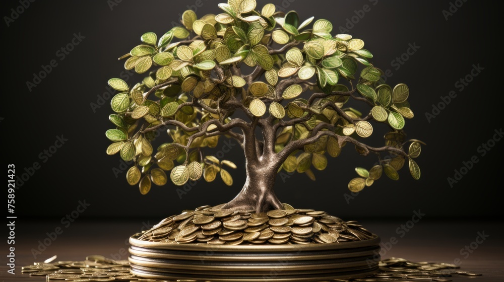 Poster Generative AI Hyper-realistic scene presenting a tree on a white background symbolizing the potency of capital growth positioned next to a coin. Lifelike and detailed representation illustrating the i