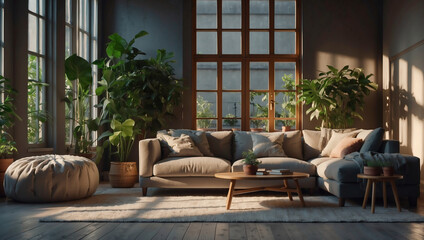 Gemütliches Wohnzimmer im Sonnenlicht mit grünen Pflanzen und modernem Design - obrazy, fototapety, plakaty