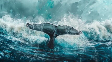 Seascape with whale tail dripping with water on the surface of the sea or ocean, banner with copy space