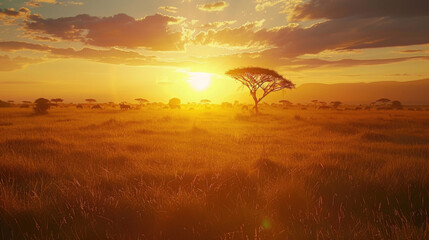 Peaceful Serengeti Sunrise - obrazy, fototapety, plakaty