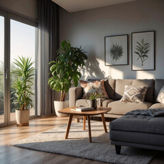 Gemütliches Wohnzimmer Design mit viel Tageslicht und Pflanzen