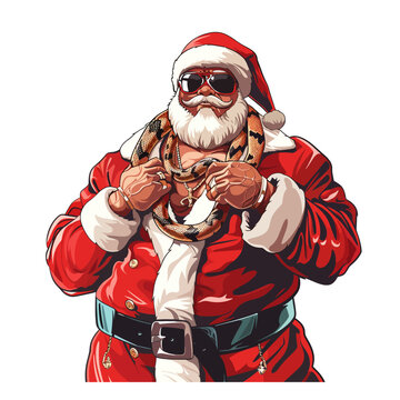 Santa Claus in sunglasses holding a snake. Vector illustration on white background.