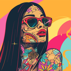 Tattoo art. Woman's face in sunglasses. Vector illustration
