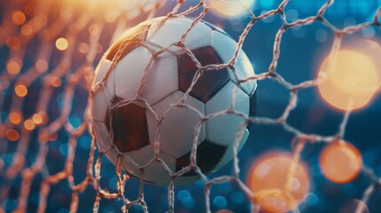 Soccer ball breaks the soccer net with copyspace for text