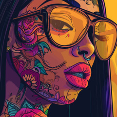 Vector illustration of a beautiful woman's face with glasses and floral pattern