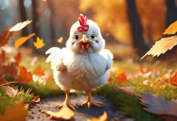 Fotobehang 3D little cute chicken , autumn background  © Zoraiz