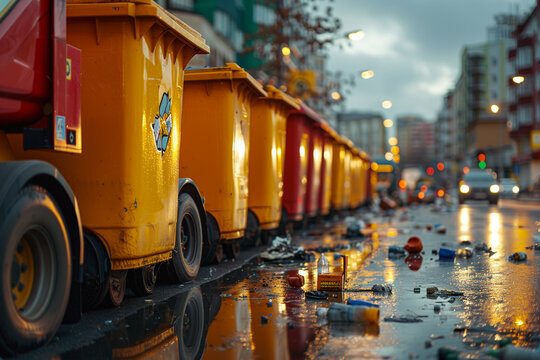 Smart waste bins compacting trash and signaling collection trucks when they are full to optimize waste management.