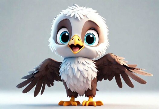 A Adorable 3d rendered cute happy smiling and joyful baby Eagle cartoon character on white backdrop