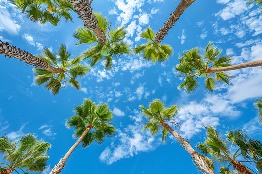 Palm trees against blue sky with white clouds. Tropical summer background.