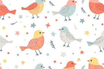 Abstract animal birds seamless pattern banner, wallpaper for kids, bright pastel colors over beige background. Wrapping paper for presents. Baby linen, clothes and products for children