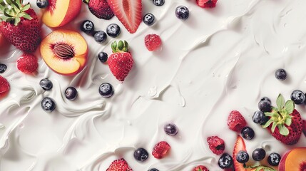 Background with yogurt, strawberries, peaches and blueberries
