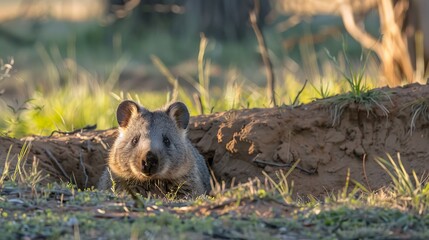 A close-up view of a small wombat crawling out of its burrow in a grassy field on a cool morning.