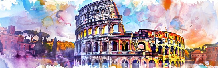 A watercolor painting depicting the iconic Colosseum in Rome, showcasing the grandeur and historical significance of the architectural masterpiece. The painting captures the detailed arches, tiers, an - obrazy, fototapety, plakaty