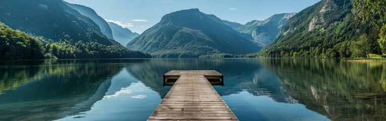 A wooden dock extends into the calm waters of a lake, with no people or boats in sight. The dock sits peacefully in the center of the lake, surrounded by lush greenery and a clear blue sky. - obrazy, fototapety, plakaty