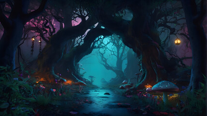 Mysterious forest at night