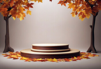 wooden podiums decor leaves Set background autumn beige poduim abstract advertising background beauty brown composition concept contemporary copy space cosmetic creative decoration design display