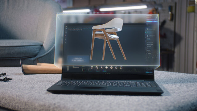 Digital 3D model of stylish wooden chair for carpentry project displayed on laptop computer screen. Holographic virtual display of professional ai software for furniture design creation and 3D