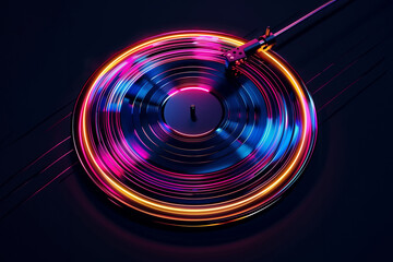 Retro vinyl record player gramophone with neon lights