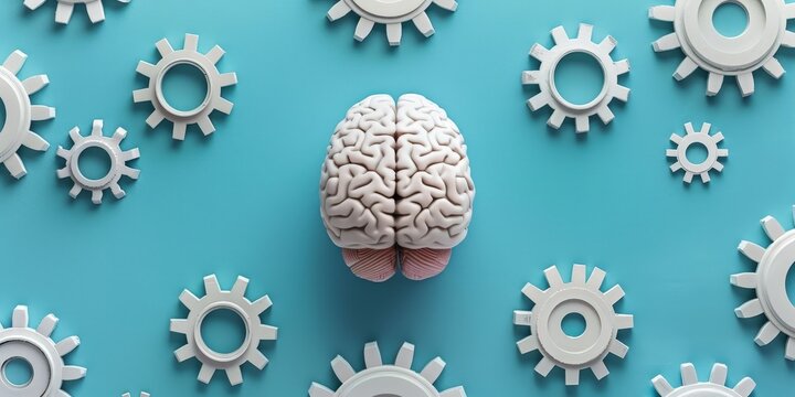 Human brain and gears on blue background