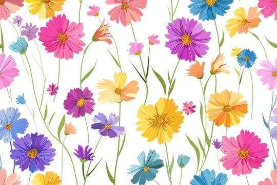Abstract flowers seamless pattern banner, wallpaper for kids, bright pastel colors over beige white background. Wrapping paper for presents. Baby linen, clothes and products for children