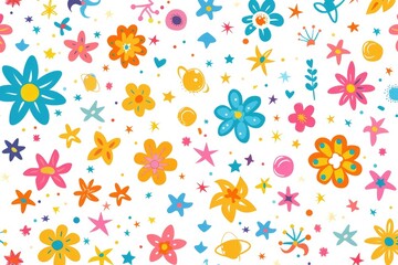Abstract flowers seamless pattern banner, wallpaper for kids, bright pastel colors over beige white background. Wrapping paper for presents. Baby linen, clothes and products for children