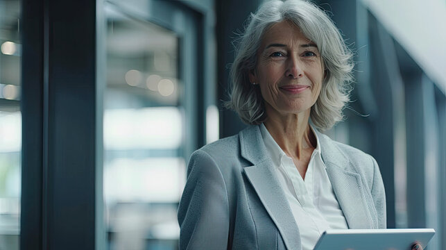 Smiling mature professional business woman bank manager, older happy female executive or lady entrepreneur standing in office at work