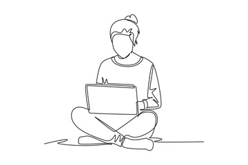 Single continuous line drawing of young woman sitting on the floor working at home. Happy work concept. Trendy one line draw design vector illustration