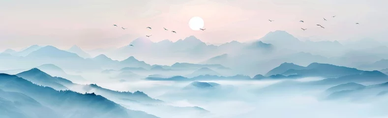 Fototapeten KS White fog distant mountains light pink and blue gradie. © กิตติพัฒน์ สมนาศักดิ