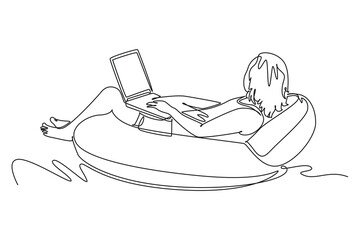 Single continuous line drawing of woman lying on inflatable boat while working with laptop. Happy work concept. Trendy one line draw design vector illustration