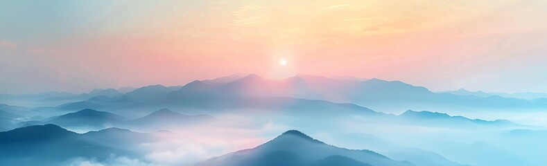 Fototapeta premium KS White fog distant mountains light pink and blue gradie.