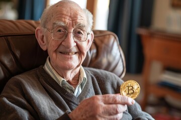 Smiling Elderly Man Holding a Bitcoin Token in a Warmly Lit Living Room
