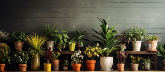 Potted plants displayed indoors on a wooden table.
